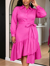 AOMEIDRESS Elegant Shirt Dress Lapel Long Sleeve Tie Waist Ruffle