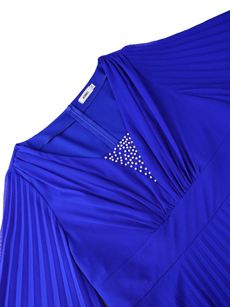 AOMEIDRESS Pleated Chiffon Prom Dress V Neck Beading Batwing Sleeves