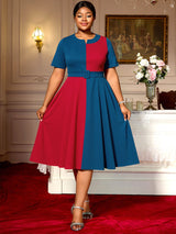 AOMEIDRESS Elegant A Line Midi Color Block Dress for Party Church