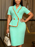 AOMEIDRESS ColorBlock Bodycon Dresses Turn Down Collar Short Sleeves