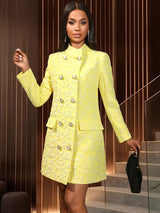 AOMEIDRESS Elegant Yellow Jacquard Blazer Dress Long Sleeve Gowns