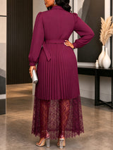AOMEIDRESS Lace Pleated Dress Turn Down Collar Lantern Sleeve Button