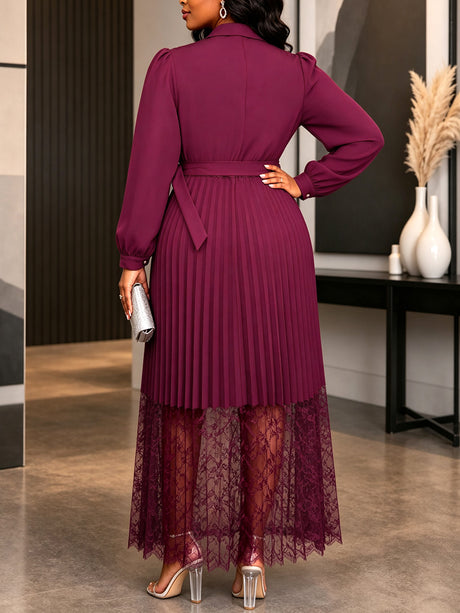 AOMEIDRESS Lace Pleated Dress Turn Down Collar Lantern Sleeve Button
