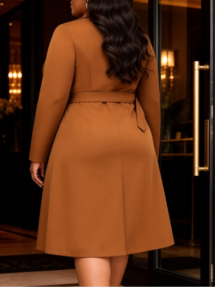 AOMEIDRESS Blazer Midi Dresses Double Breasted Belted Long Sleeves