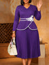 AOMEIDRESS Stylish Colorblock Pleated Dress V Neck with 3D Flower