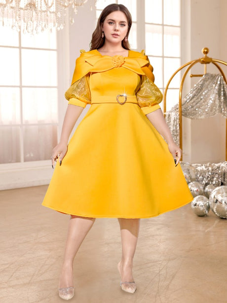 yellow o neck midi dresses for women