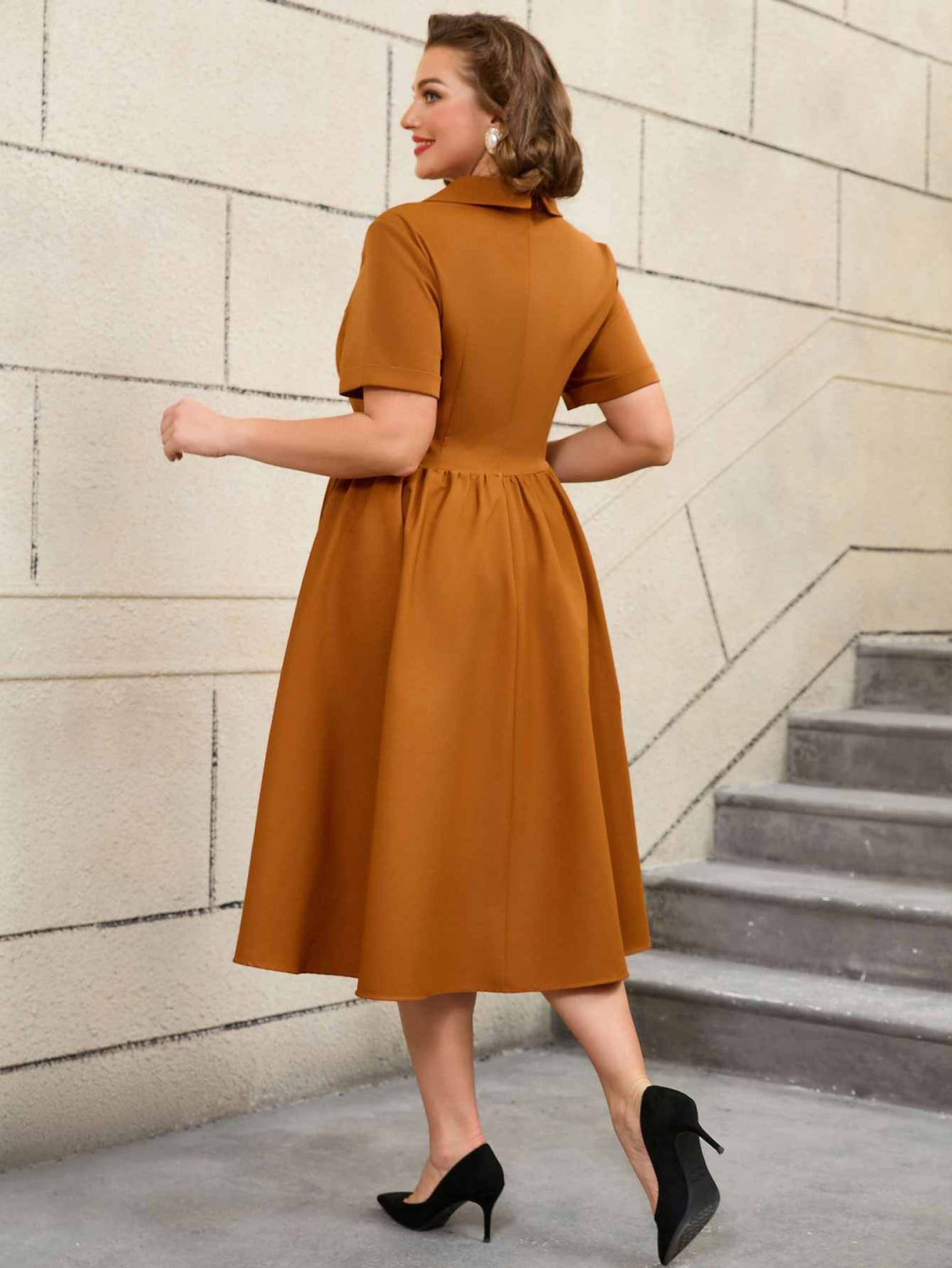 AOMEIDRESS Vintage Style A Line Dress with Turn Down Collar and Waist Bow

