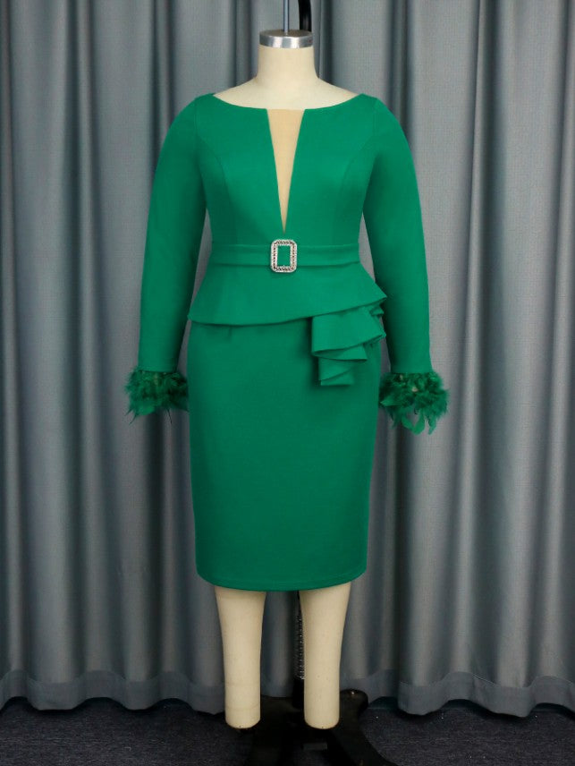 AOMEIDRESS Green Bodycon Dress V-neck Patchwork Feather Long Sleeve