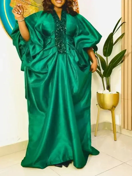 African Dresses for Women Elegant Shiny Bubu Dresses Sequined Patchwork Green / One Size