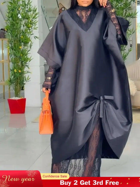 African Elegant Shiny Bubu Dresses Women Two Pieces Set Lace Inside Dress