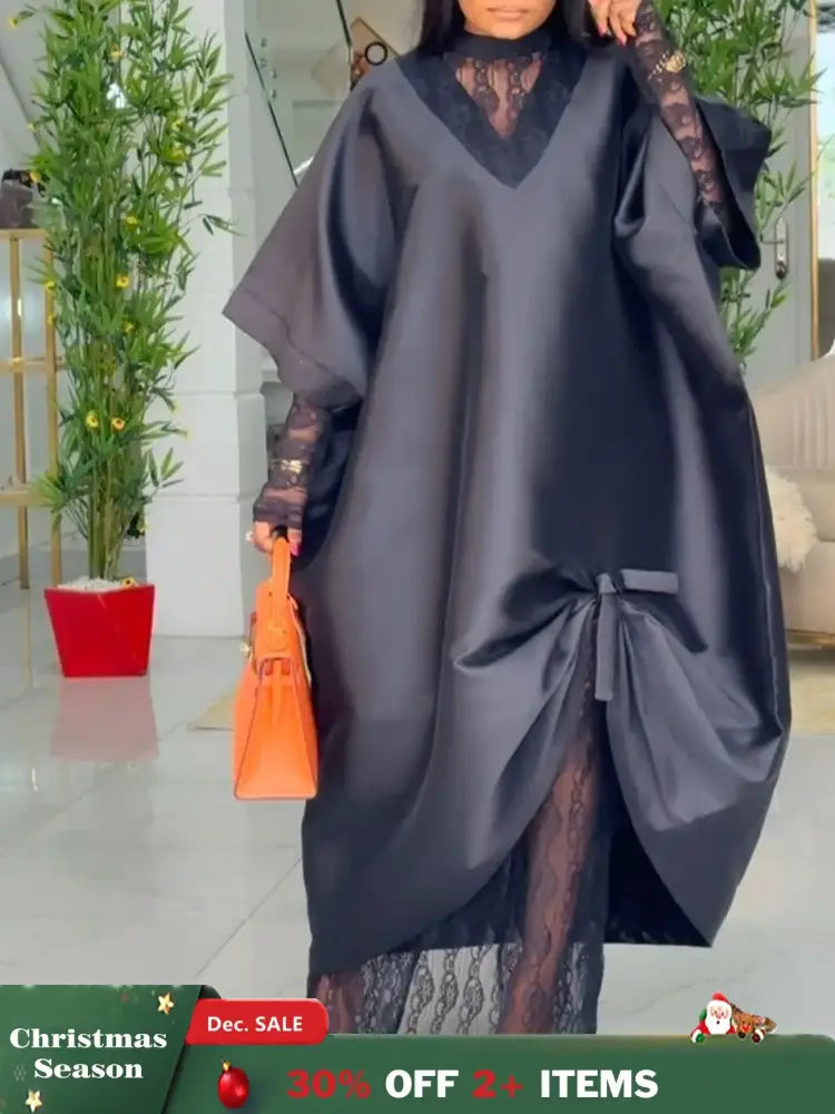 African Elegant Shiny Bubu Dresses Women Two Pieces Set Lace Inside Dress