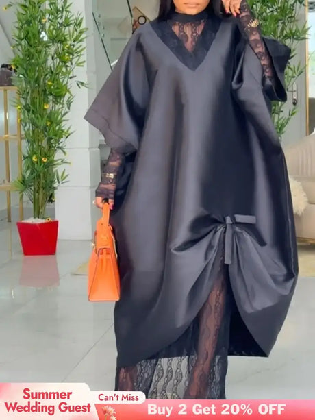 African Elegant Shiny Bubu Dresses Women Two Pieces Set Lace Inside Dress