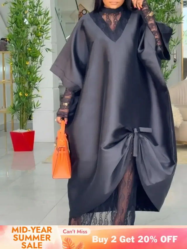 African Elegant Shiny Bubu Dresses Women Two Pieces Set Lace Inside Dress