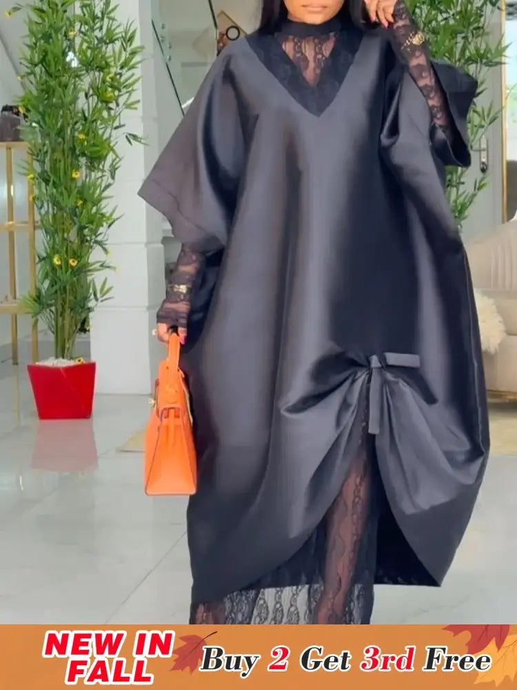 African Elegant Shiny Bubu Dresses Women Two Pieces Set Lace Inside Dress