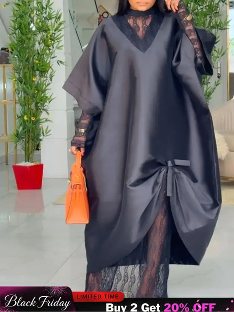 African Elegant Shiny Bubu Dresses Women Two Pieces Set Lace Inside Dress
