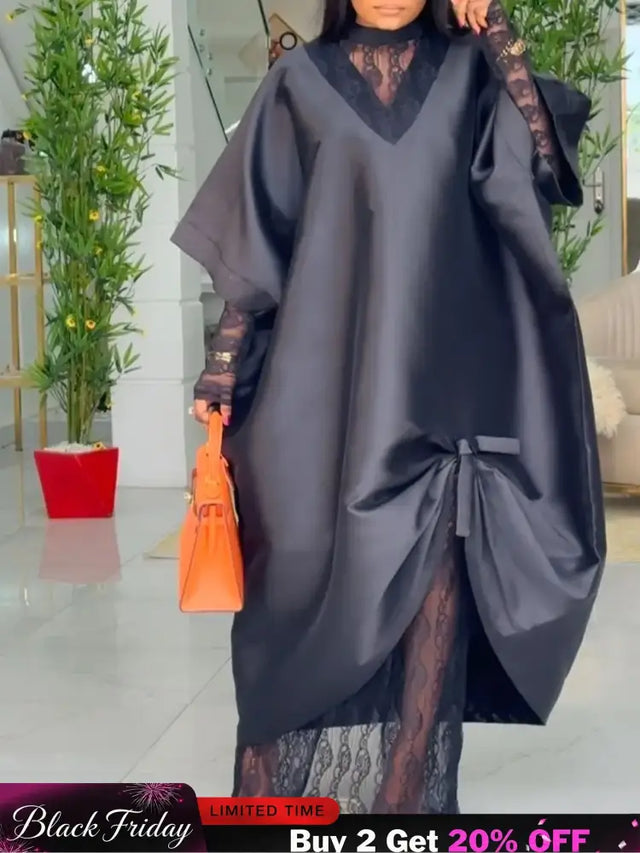 African Elegant Shiny Bubu Dresses Women Two Pieces Set Lace Inside Dress