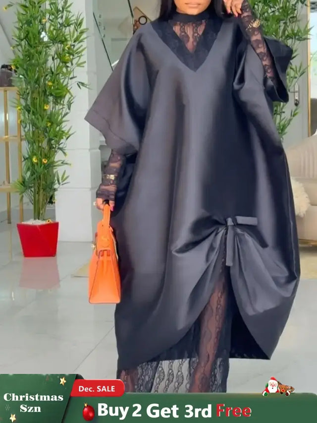 African Elegant Shiny Bubu Dresses Women Two Pieces Set Lace Inside Dress