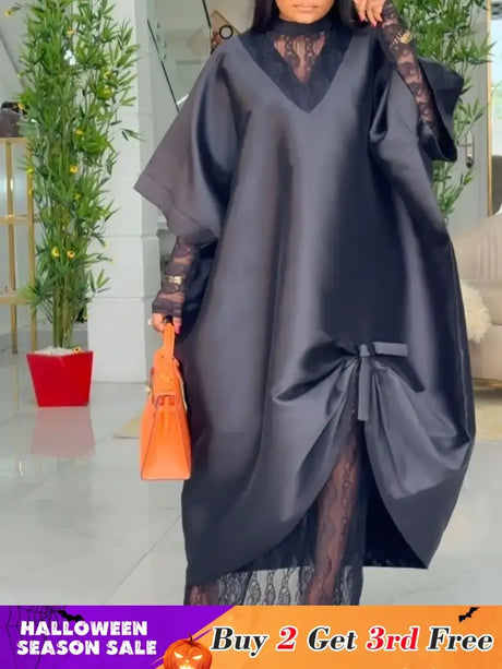 African Elegant Shiny Bubu Dresses Women Two Pieces Set Lace Inside Dress