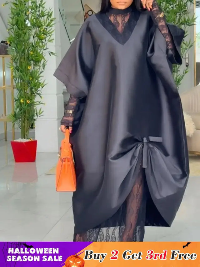African Elegant Shiny Bubu Dresses Women Two Pieces Set Lace Inside Dress
