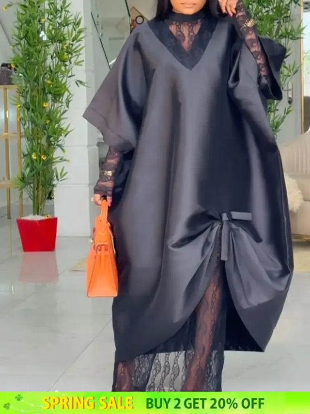 African Elegant Shiny Bubu Dresses Women Two Pieces Set Lace Inside Dress