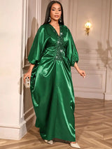 African Green Dresses Women Elegant Shiny Bubu Dresses Sequined Robes