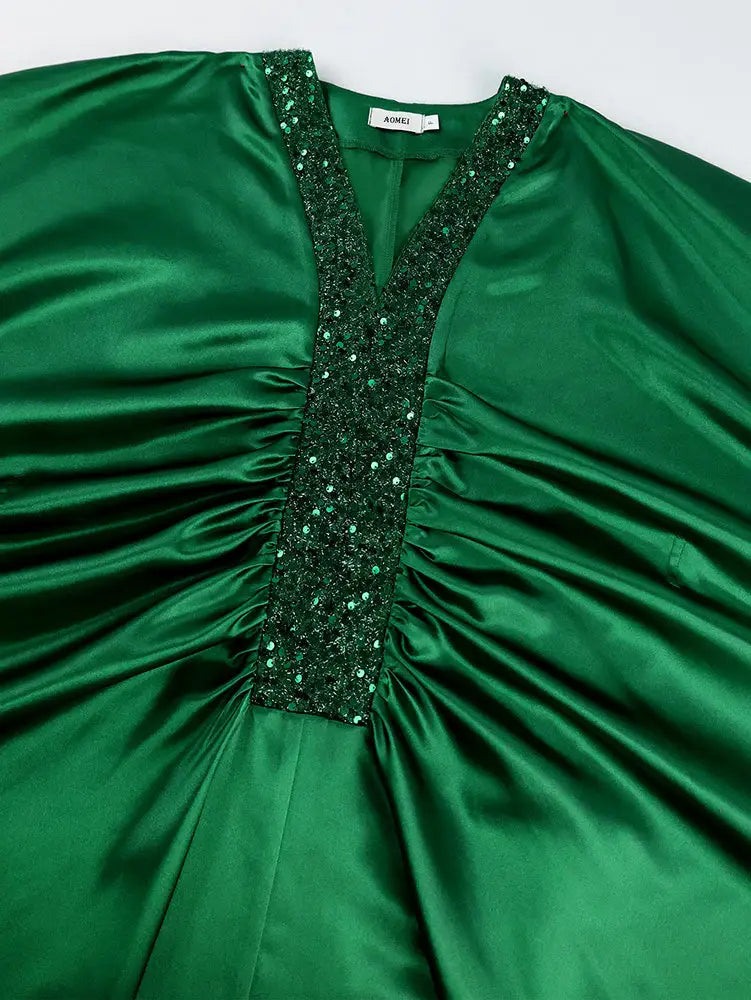 African Green Dresses Women Elegant Shiny Bubu Dresses Sequined Robes