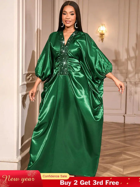 African Green Dresses Women Elegant Shiny Bubu Dresses Sequined Robes Green / One Size