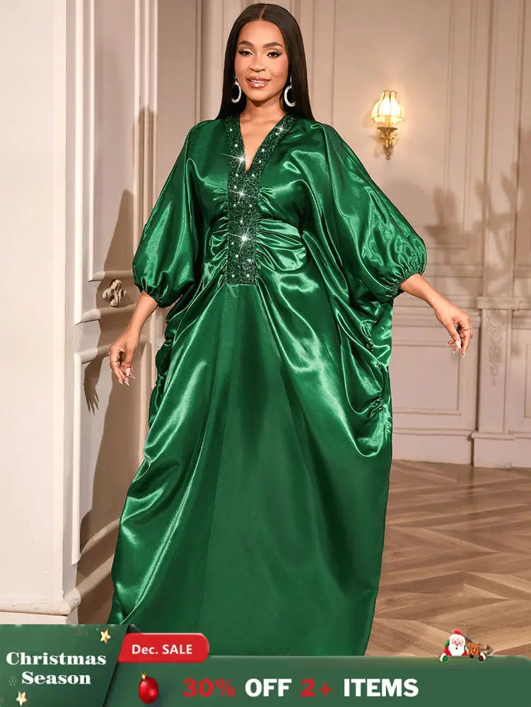 African Green Dresses Women Elegant Shiny Bubu Dresses Sequined Robes Green / One Size