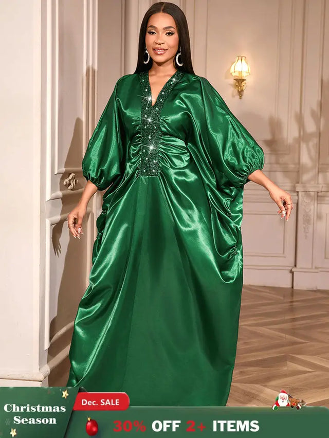 African Green Dresses Women Elegant Shiny Bubu Dresses Sequined Robes Green / One Size