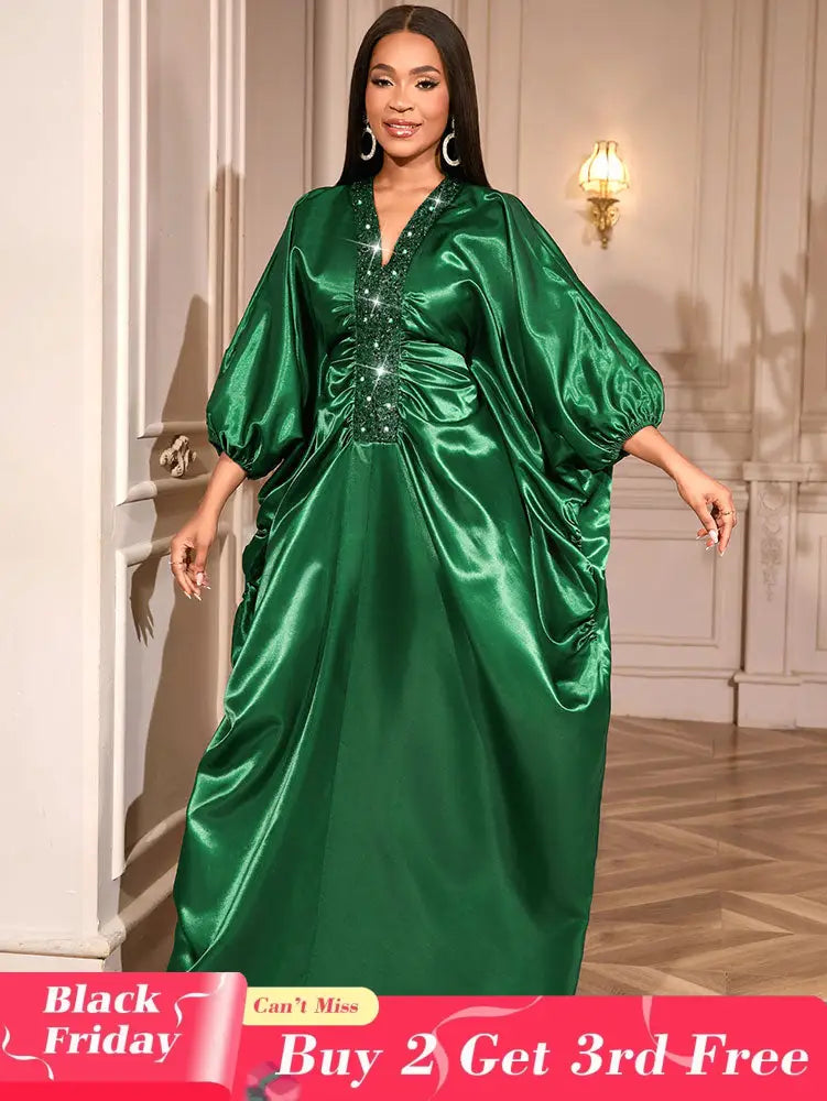 African Green Dresses Women Elegant Shiny Bubu Dresses Sequined Robes Green / One Size