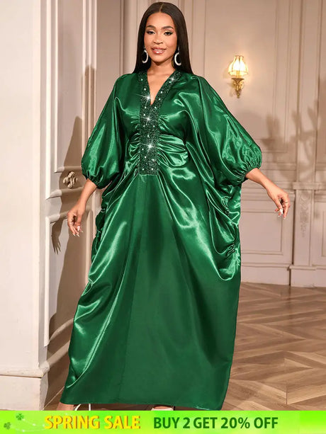 African Green Dresses Women Elegant Shiny Bubu Dresses Sequined Robes Green / One Size