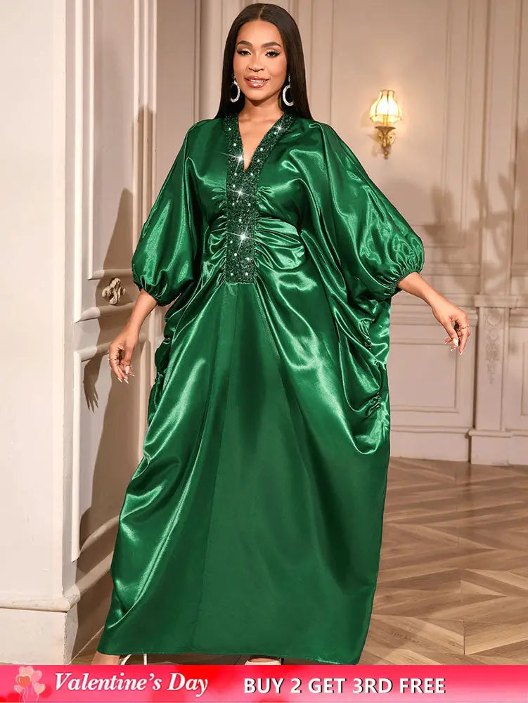 African Green Dresses Women Elegant Shiny Bubu Dresses Sequined Robes Green / One Size