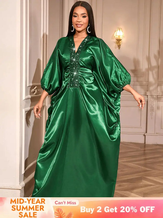 African Green Dresses Women Elegant Shiny Bubu Dresses Sequined Robes Green / One Size