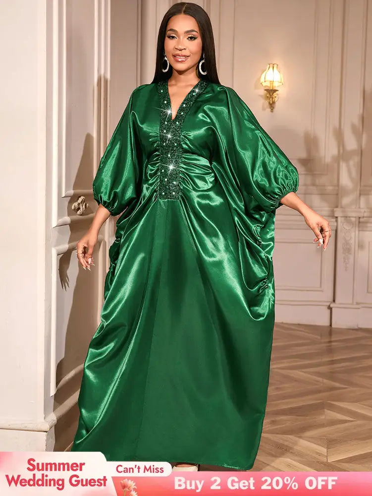 African Green Dresses Women Elegant Shiny Bubu Dresses Sequined Robes Green / One Size