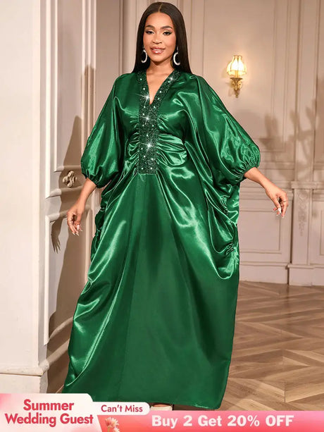 African Green Dresses Women Elegant Shiny Bubu Dresses Sequined Robes Green / One Size