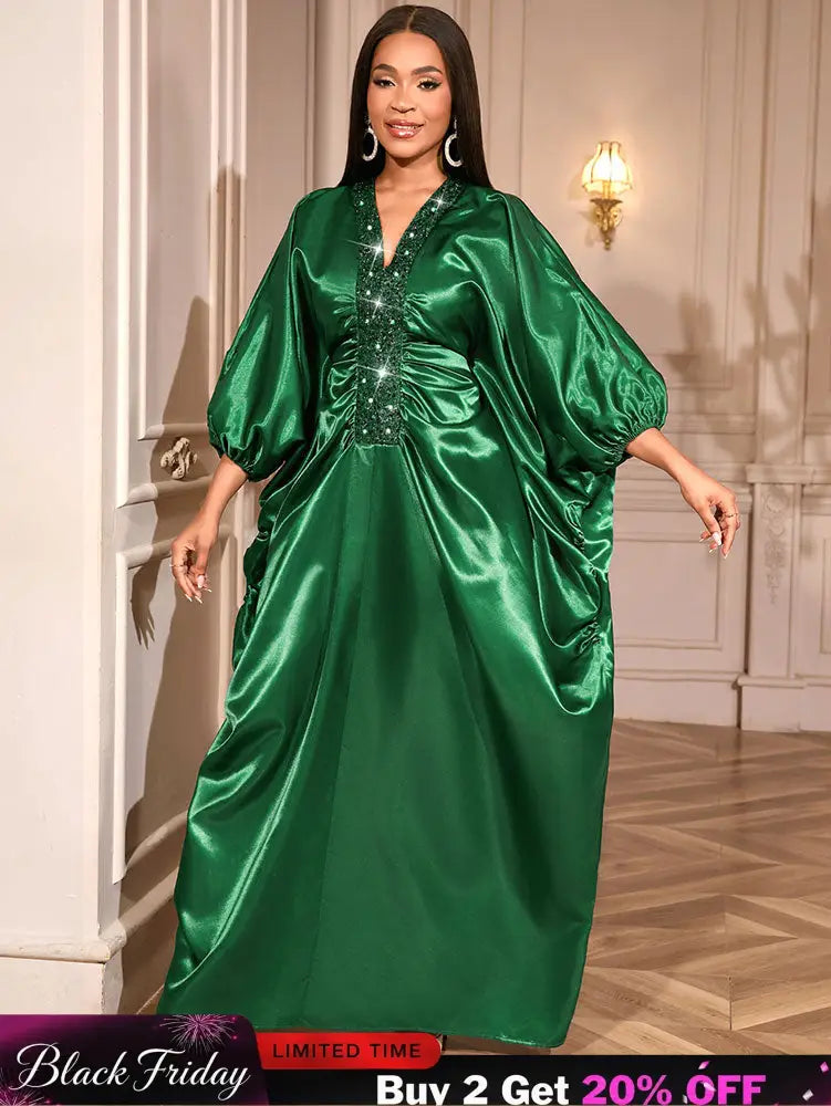 African Green Dresses Women Elegant Shiny Bubu Dresses Sequined Robes Green / One Size