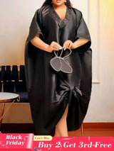 African Shiny Boubou V Neck Dresses Half Sleeves Lace Patchwork black / One Size