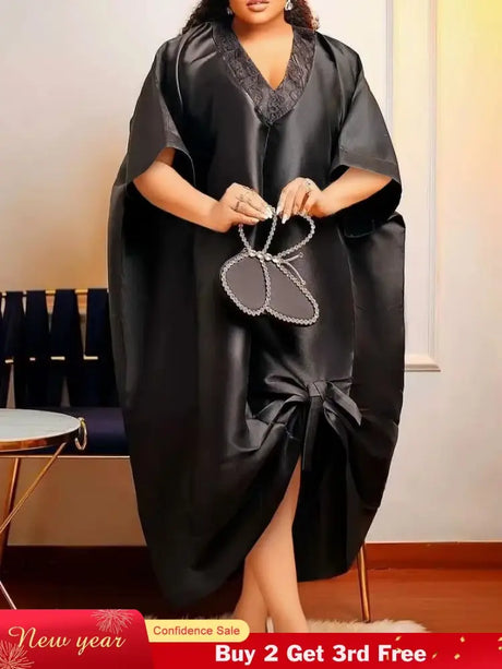 African Shiny Boubou V Neck Dresses Half Sleeves Lace Patchwork black / One Size