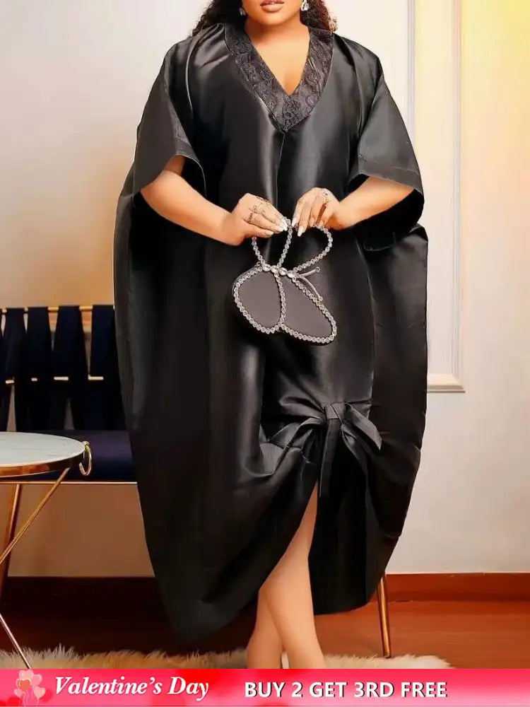 African Shiny Boubou V Neck Dresses Half Sleeves Lace Patchwork black / One Size