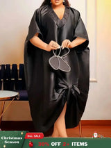 African Shiny Boubou V Neck Dresses Half Sleeves Lace Patchwork black / One Size