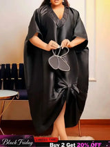 African Shiny Boubou V Neck Dresses Half Sleeves Lace Patchwork black / One Size