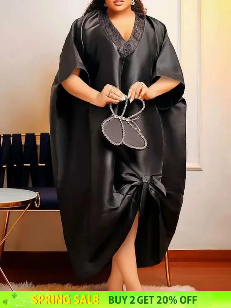 African Shiny Boubou V Neck Dresses Half Sleeves Lace Patchwork black / One Size