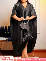 African Shiny Boubou V Neck Dresses Half Sleeves Lace Patchwork black / One Size
