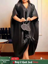 African Shiny Boubou V Neck Dresses Half Sleeves Lace Patchwork black / One Size