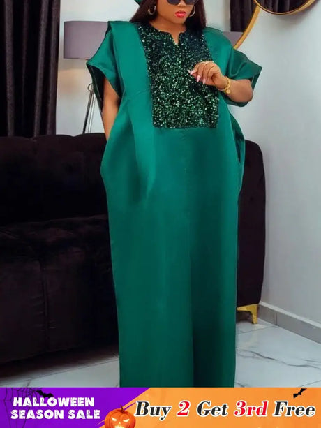 African Shiny Bubu Dresses Patchwork Sequined Elegant Africa Clothing Green / One Size