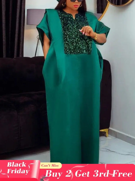 African Shiny Bubu Dresses Patchwork Sequined Elegant Africa Clothing Green / One Size