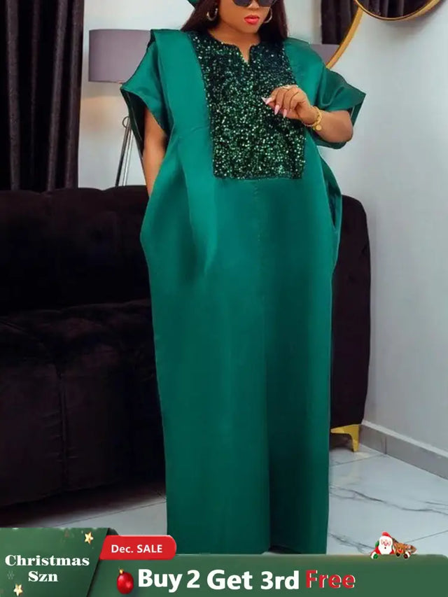 African Shiny Bubu Dresses Patchwork Sequined Elegant Africa Clothing Green / One Size