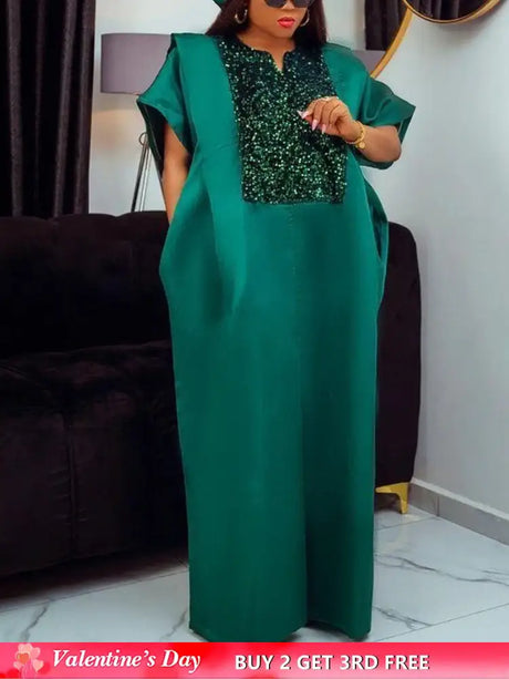 African Shiny Bubu Dresses Patchwork Sequined Elegant Africa Clothing Green / One Size