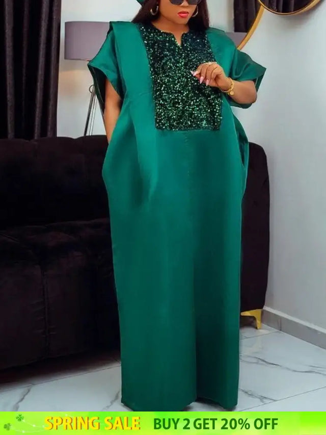 African Shiny Bubu Dresses Patchwork Sequined Elegant Africa Clothing Green / One Size
