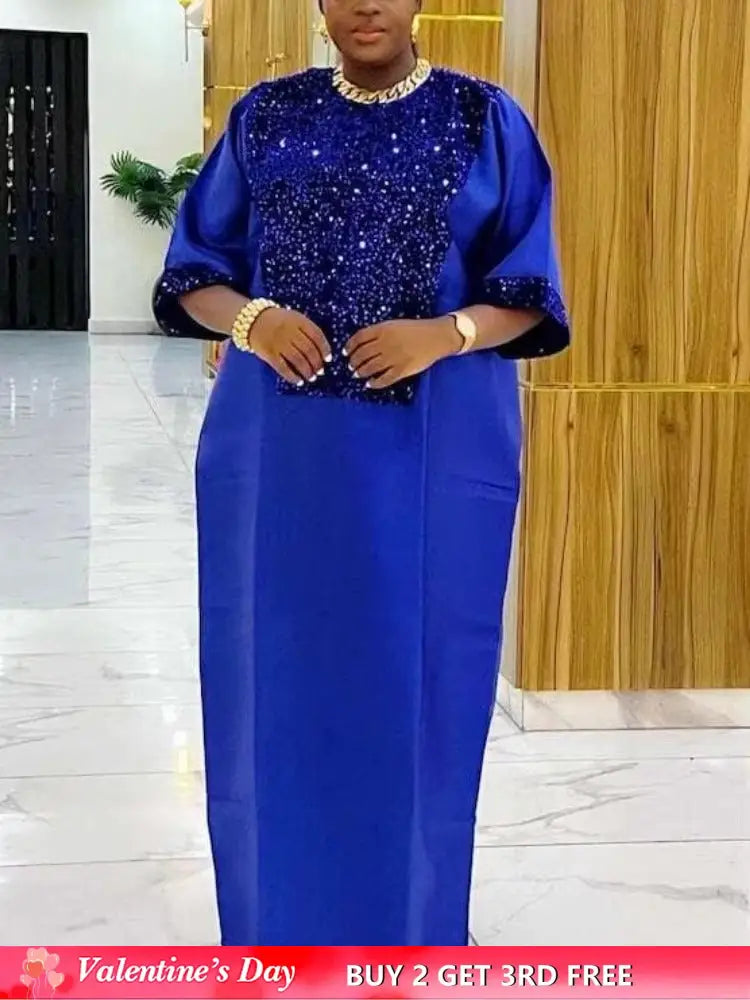 African Shiny Sequined Boubou Dresses Women Kaftan Church Clothing